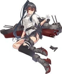 Rule 34 | 1girl, arms up, belt, black belt, black hair, black sailor collar, black skirt, black thighhighs, buttons, closed mouth, collared shirt, cropped jacket, full body, gloves, hair between eyes, jacket, kantai collection, konishi (koconatu), long hair, long sleeves, machinery, official art, pleated skirt, ponytail, red eyes, rigging, rudder footwear, sailor collar, shirt, single thighhigh, skirt, solo, thighhighs, transparent background, turret, very long hair, white gloves, white jacket, yahagi (kancolle), yahagi kai ni (kancolle)