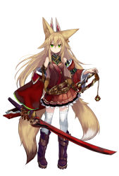 Rule 34 | 1girl, animal ears, bare shoulders, belt, blonde hair, blunt bangs, boots, closed mouth, commentary request, detached sleeves, fox ears, full body, gloves, green eyes, hair between eyes, highres, holding, holding sword, holding weapon, kokonoe tsubaki, long hair, long sleeves, multiple tails, original, pleated skirt, pouch, purple footwear, red skirt, sheath, simple background, skirt, smile, solo, standing, sword, tail, thighhighs, turtleneck, two tails, unsheathed, weapon, white background, white thighhighs, wide sleeves, yoshizawa tsubaki