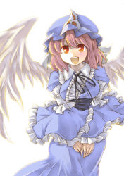 Rule 34 | 1girl, :d, absurdres, anarogumaaa, angel wings, bad id, bad pixiv id, dress, feathered wings, female focus, hat, highres, open mouth, pink hair, red eyes, saigyouji yuyuko, short hair, smile, solo, touhou, white background, wings