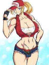 Rule 34 | 1girl, abs, areola slip, bare legs, bare shoulders, baseball cap, black gloves, blonde hair, blue eyes, bracelet, breasts, bulge, cleavage, covered erect nipples, crop top, darm engine, denim, denim shorts, erection, erection under clothes, fatal fury, fingerless gloves, futanari, genderswap, genderswap (mtf), glans, gloves, hat, hip focus, huge breasts, jewelry, large penis, long hair, midriff, muscular, nail polish, navel, penis, pink nails, ponytail, precum, shirt, short shorts, shorts, smile, smirk, snk heroines: tag team frenzy, solo, standing, taut clothes, taut shirt, terry bogard, testicles, thick thighs, thighs, twitter username, underwear, unzipped, vest