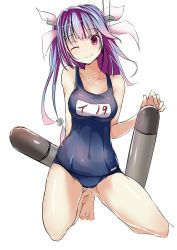 Rule 34 | 10s, 1girl, arm behind back, barefoot, blue hair, breasts, collarbone, female focus, full body, hair ribbon, i-19 (kancolle), kantai collection, kneeling, large breasts, long hair, looking at viewer, name tag, one-piece swimsuit, one eye closed, red eyes, ribbon, school swimsuit, simple background, sketch, smile, solo, star-shaped pupils, star (symbol), swimsuit, symbol-shaped pupils, tai (nazutai), torpedo, tri tails, white background
