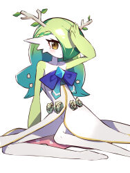 Rule 34 | animalization, antlers, arm support, blush, braid, braided bangs, ceres fauna, commentary, creatures (company), dress, english commentary, flower, game freak, gardevoir, gen 3 pokemon, getto, green hair, hair flower, hair ornament, hair over one eye, highres, hololive, hololive english, horns, mole, mole under eye, nintendo, pokemon, pokemon (creature), shading eyes, sitting, virtual youtuber, white dress, yellow eyes, yokozuwari