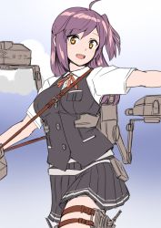 Rule 34 | 30-06, adapted turret, ahoge, anti-aircraft, anti-aircraft gun, between breasts, black skirt, black vest, blouse, blue sky, breasts, cannon, cloud, cloudy sky, collared shirt, cowboy shot, gloves, hagikaze (kancolle), hair between eyes, highres, kantai collection, kerchief, long hair, looking at viewer, machinery, medium breasts, neck ribbon, one side up, open mouth, pleated skirt, purple hair, red ribbon, ribbon, shirt, short sleeves, skirt, sky, strap between breasts, torpedo launcher, turret, vest, white gloves, white shirt, yellow eyes