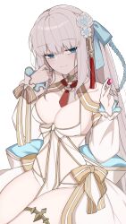 Rule 34 | 1girl, absurdres, bare shoulders, bikini, blue eyes, blue hair, braid, breasts, cleavage, detached sleeves, fate/grand order, fate (series), flower, french braid, gold trim, hair flower, hair ornament, hair ribbon, highres, large breasts, long hair, long skirt, long sleeves, looking at viewer, mati5572, morgan le fay (fate), morgan le fay (water princess) (fate), ponytail, puffy long sleeves, puffy sleeves, ribbon, sidelocks, skirt, smile, solo, swimsuit, thighlet, thighs, twin braids, very long hair, white bikini, white hair, white skirt