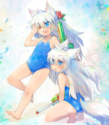 Rule 34 | 2girls, animal ears, blue eyes, chestnut mouth, child, fang, flower, full body, hair flower, hair ornament, highres, long hair, multiple girls, one-piece swimsuit, one eye closed, open mouth, original, school swimsuit, siblings, signature, sisters, squatting, swimsuit, tail, toba hiyoko, twins, water gun, white hair, wolf ears, wolf tail