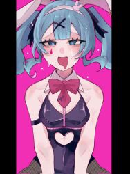 Rule 34 | 1girl, :d, animal ears, armlet, bare shoulders, black leotard, black pantyhose, blue eyes, blue hair, blush, bow, bowtie, breasts, clothing cutout, collarbone, cowboy shot, detached collar, fake animal ears, fishnet pantyhose, fishnets, hair ornament, hairband, hatsune miku, heart, heart-shaped pupils, highleg, highleg leotard, highres, iminigemini, leotard, long hair, looking at viewer, medium breasts, open mouth, pantyhose, pillarboxed, pink background, playboy bunny, pure pure (rabbit hole), rabbit ears, rabbit hole (vocaloid), red bow, red bowtie, sidelocks, simple background, smile, solo, stomach cutout, straight-on, sweat, symbol-shaped pupils, teardrop facial mark, twintails, vocaloid, white hairband, x hair ornament