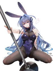Rule 34 | 1girl, absurdly long hair, absurdres, animal ears, arm strap, azur lane, black leotard, black pantyhose, blue hair, blue leotard, bodystocking, breasts, brown pantyhose, cameltoe, cleavage, cleft of venus, covered navel, fake animal ears, full body, heart, highleg, highleg leotard, highres, leotard, long hair, new jersey (azur lane), new jersey (exhilarating steps!) (azur lane), official alternate costume, oversized breast cup, pantyhose, playboy bunny, pole, pole dancing, rabbit ears, see-through, see-through cleavage, spread legs, squatting, stripper, stripper pole, very long hair, white background, xnnagu