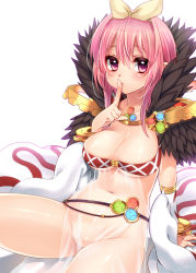 Rule 34 | 1girl, arm support, bad id, bad pixiv id, blush, bottomless, breasts, censored, cleavage, convenient censoring, detached sleeves, feathers, finger to mouth, hairband, large breasts, legs, looking at viewer, pink eyes, pink hair, pussy, ragnarok online, see-through, shushing, sitting, solo, sorcerer (ragnarok online), spread legs, thighs, uncensored, veil, yukian