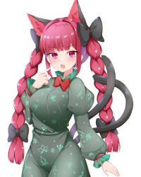 Rule 34 | 1girl, animal ears, black bow, bow, braid, breasts, cat ears, dress, fang, floral print, green dress, hair bow, juliet sleeves, kaenbyou rin, long hair, long sleeves, medium breasts, multiple tails, nekomata, open mouth, puffy sleeves, red eyes, red hair, rururiaru, simple background, skin fang, solo, tail, touhou, twin braids, two tails, white background