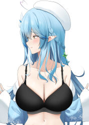 Rule 34 | 1girl, bare shoulders, black bra, blue jacket, blush, bra, braid, breasts, cleavage, closed mouth, collarbone, elf, embarrassed, fur-trimmed jacket, fur trim, highres, hololive, jacket, large breasts, long hair, long sleeves, looking away, looking to the side, multicolored hair, open clothes, open jacket, pointy ears, ri qing, simple background, snowflake print, solo, streaked hair, two-tone hair, underwear, upper body, virtual youtuber, white background, white headwear, yukihana lamy