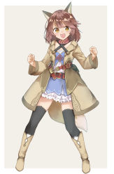 Rule 34 | 1girl, :d, absurdres, amane rosylily, animal ear fluff, animal ears, belt, belt buckle, black thighhighs, blush, boots, brown background, brown belt, brown coat, brown eyes, brown footwear, brown hair, buckle, clenched hands, coat, collarbone, commentary request, criss-cross halter, dress, fang, fox ears, fox girl, fox tail, halterneck, highres, knee boots, long sleeves, looking at viewer, open clothes, open coat, open mouth, original, sekira ame, smile, solo, standing, tail, thighhighs, two-tone background, white background, white dress