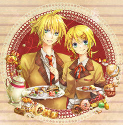 Rule 34 | 1boy, 1girl, :q, aqua eyes, blonde hair, bow, brother and sister, cake, cream, cream puff, doughnut, food, fork, hair bow, hair ornament, hairclip, highres, kagamine len, kagamine rin, low twintails, macaron, mont blanc (food), muffin, necktie, pastry, plaid, plate, red necktie, school uniform, short hair, short ponytail, short twintails, siblings, smile, teapot, teito (0w0kuma), tongue, tongue out, tray, twins, twintails, vocaloid