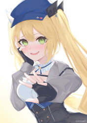 Rule 34 | 1girl, absurdres, beret, black gloves, black skirt, blonde hair, blue hat, blush, collar, cropped jacket, detached collar, dokibird (vtuber), fingerless gloves, frilled collar, frills, gloves, green eyes, grey jacket, hand on own face, hat, highres, indie virtual youtuber, jacket, long hair, looking at viewer, open mouth, shirt, skirt, smile, solo, twintails, white background, white collar, white shirt, zinkaa