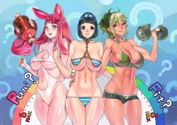 Rule 34 | + +, 3girls, abs, animal ears, bikini, blue eyes, blush stickers, bob cut, breasts, dumbbell, echidna (queen&#039;s blade), f.s., food, hairband, hand on another&#039;s hip, holding hands, large breasts, long hair, meat, melona (queen&#039;s blade), menace (queen&#039;s blade), micro bikini, monster girl, multicolored hair, multiple girls, pink hair, pointy ears, prehensile hair, queen&#039;s blade, rabbit ears, red eyes, revealing clothes, short hair, sideboob, slime girl, swimsuit, toned, underboob