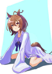 Rule 34 | 1girl, agnes tachyon (umamusume), ahoge, animal ears, border, bow, brown hair, chemical structure, coat, commentary request, earrings, hair between eyes, harakomeshi, highres, horse ears, horse girl, horse tail, jewelry, lab coat, blue background, long sleeves, messy hair, on ground, purple bow, purple shirt, red eyes, sailor collar, school uniform, shirt, short hair, single earring, sitting, skirt, sleeves past fingers, sleeves past wrists, solo, summer uniform, tail, tracen school uniform, umamusume, wariza, white border, white coat, white skirt