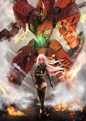 Rule 34 | 1girl, absurdres, boots, breasts, closed mouth, embers, fire, full body, glowing, hand on own hip, hand up, highres, huge filesize, large breasts, long hair, looking at viewer, mecha, original, red eyes, robot, standing, tachibana yuu (shika), thigh boots, thighhighs, white hair