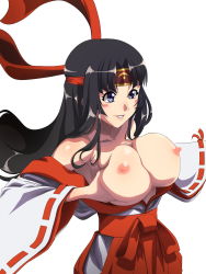 Rule 34 | 1girl, armpits, bare shoulders, black hair, blunt bangs, blush, breasts, breasts out, female focus, floating hair, grabbing own breast, hakama, hakama skirt, hands up, headband, highres, japanese clothes, kimono, large breasts, long hair, looking at viewer, melona (queen&#039;s blade), naughty face, nipples, no bra, parted lips, purple eyes, queen&#039;s blade, red headwear, simple background, skirt, smile, solo, tomoe (queen&#039;s blade), transformation, upper body, white background, wide sleeves, yachi (fujiyasu0616)