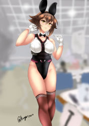 Rule 34 | 1girl, adapted costume, animal ears, bare shoulders, blurry, blurry background, breasts, brown hair, cleavage, detached collar, fake animal ears, flipped hair, gloves, green eyes, hair between eyes, highres, kantai collection, kuga zankurou, large breasts, leotard, looking at viewer, mutsu (kancolle), playboy bunny, red thighhighs, short hair, smile, solo, standing, thighhighs, twitter username, upper body, white gloves