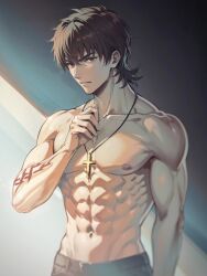 Rule 34 | 1boy, abs, black hair, black pants, body markings, closed mouth, cross, cross necklace, fate/zero, fate (series), jd1 3, jewelry, kotomine kirei, large pectorals, looking at viewer, male focus, muscular, muscular male, navel, necklace, nipples, pants, pectorals, short hair, simple background, solo, topless male, upper body