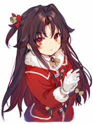 Rule 34 | 1girl, bell, bow, brown hair, closed mouth, fur-trimmed jacket, fur trim, gloves, hair bell, hair bow, hair intakes, hair ornament, hands up, highres, jacket, long hair, looking at viewer, red bow, red eyes, red jacket, ryuuou no oshigoto!, shirabi, simple background, solo, white background, white gloves, yashajin ai