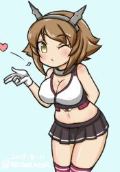 Rule 34 | 1girl, black skirt, blowing kiss, breasts, brown hair, cleavage, cowboy shot, gloves, green background, green eyes, hairband, headgear, kantai collection, large breasts, looking at viewer, masara (chuujou), midriff, miniskirt, mutsu (kancolle), one eye closed, pleated skirt, radio antenna, red legwear, short hair, simple background, skirt, solo, standing, white gloves
