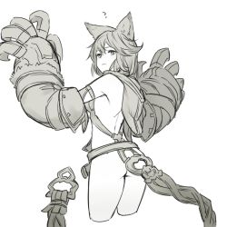 Rule 34 | 10s, 1girl, ?, animal ears, arm up, ass, bottomless, claws, erune, flat ass, granblue fantasy, greyscale, hood, looking at viewer, looking back, monochrome, no panties, robo8, sen (granblue fantasy), simple background, smile, solo, yellow theme