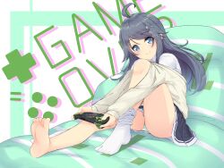 Rule 34 | 1girl, absurdres, ahoge, barefoot, black hair, blue eyes, blush, closed mouth, collared shirt, english text, eyelashes, feet, green background, green panties, hair ornament, hairclip, handheld game console, head tilt, highres, holding, inohara koboshi, knee up, long hair, looking at viewer, no shoes, off shoulder, on bed, ongeki, panties, pleated skirt, samiko, school uniform, shirt, single sock, sitting, skirt, smile, socks, soles, solo, striped clothes, striped panties, swept bangs, thighs, toes, underwear, white panties, white shirt, white socks