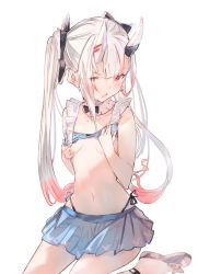 Rule 34 | 1girl, bare arms, bare shoulders, bikini, bikini skirt, bikini top lift, black bow, black footwear, blue bikini, blush, bow, breasts, clothes lift, collarbone, commentary request, gradient hair, hair bow, highleg, highres, hololive, horns, lifted by self, long hair, looking at viewer, multicolored hair, nakiri ayame, nakiri ayame (hololive summer 2019), navel, oni, parted lips, red eyes, red hair, shoes, sidelocks, simple background, skin-covered horns, small breasts, solo, swimsuit, tota (sizukurubiks), twintails, v-shaped eyebrows, very long hair, virtual youtuber, white background, white hair