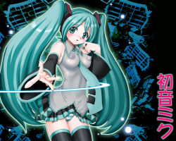 Rule 34 | 1girl, aqua hair, black background, black thighhighs, breasts, covered erect nipples, female focus, foreshortening, harukigenia, hatsune miku, impossible clothes, impossible shirt, long hair, medium breasts, nipples, panties, pantyshot, shirt, skin tight, solo, striped clothes, striped panties, thighhighs, twintails, underwear, very long hair, vocaloid