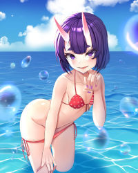 Rule 34 | :d, ass, bare shoulders, bikini, bikini bottom pull, blue sky, blush, breasts, butt crack, claw pose, cleavage, cloud, cloudy sky, day, fate/grand order, fate (series), hair between eyes, hand on own thigh, hand up, highres, horns, kana giri, leaning forward, medium hair, nail polish, ocean, oni, open mouth, polka dot, polka dot bikini, purple eyes, purple hair, purple nails, red bikini, shuten douji (fate), sky, small breasts, smile, solo, splashing, striped bikini, striped clothes, swimsuit, wading