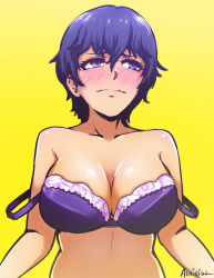Rule 34 | 1girl, akairiot, bad id, bad tumblr id, blue hair, blush, bra, breasts, cleavage, embarrassed, female focus, hair between eyes, lace, lace-trimmed bra, lace trim, large breasts, looking away, no shirt, persona, persona 4, purple bra, purple eyes, shirogane naoto, short hair, signature, simple background, solo, strap slip, underwear, underwear only, upper body, yellow background