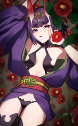 Rule 34 | 1girl, absurdres, bare shoulders, breasts, eyeliner, fate/grand order, fate (series), headpiece, highres, horns, izanaware game, japanese clothes, kimono, long sleeves, looking at viewer, makeup, oni, open mouth, purple eyes, purple hair, purple kimono, revealing clothes, short hair, shuten douji (fate), skin-covered horns, small breasts, solo, wide sleeves