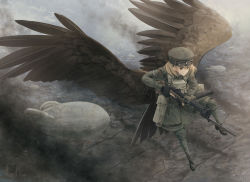 Rule 34 | 1girl, aircraft, asterisk kome, bayonet, bird wings, black footwear, black gloves, black wings, boots, brown eyes, brown hair, closed mouth, coat, commentary, dirigible, fingerless gloves, flying, frown, gloves, goggles, goggles on headwear, grey coat, grey hat, grey sky, gun, hat, highres, holding, holding gun, holding weapon, knee boots, long sleeves, low wings, machine gun, medium hair, military, military uniform, mp18, outdoors, sky, smoke, solo, submachine gun, trigger discipline, uniform, weapon, weapon request, winged fusiliers, wings