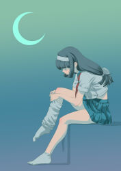 1girl black_hair cavadong closed_eyes commentary_request crescent_moon dressing full_body hairband highres long_hair loose_socks moon neckerchief original red_neckerchief school_uniform serafuku shirt sitting skirt socks solo