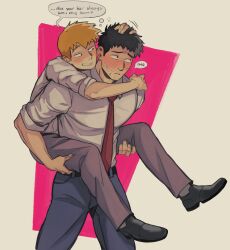 Rule 34 | 2boys, belt, black belt, black hair, black pants, blush, carrying, carrying person, collared shirt, english text, facial hair, hand on another&#039;s head, highres, kentret, looking at another, male focus, mob psycho 100, multiple boys, orange hair, pants, reigen arataka, serizawa katsuya, shirt, short hair, sleeves rolled up, stubble, white shirt, yaoi