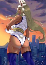 Rule 34 | 1girl, absurdres, animal ears, ass, bare shoulders, boku no hero academia, breasts, cityscape, clothing cutout, dark-skinned female, dark skin, from behind, fur collar, gloves, hand on own hip, highleg, highleg leotard, highres, large breasts, leotard, long eyelashes, long hair, looking at viewer, looking back, mirko, muscular, muscular female, omanju25, parted bangs, purple thighhighs, rabbit ears, rabbit girl, rabbit tail, red eyes, sleeveless turtleneck leotard, solo, sunset, tail, tail through clothes, taut leotard, thick thighs, thighhighs, thighs, white gloves, white hair, white leotard