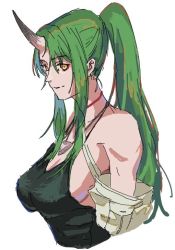 Rule 34 | 1girl, arknights, arm rest, bare shoulders, breasts, from side, ganamiya8, green hair, green tank top, halterneck, high ponytail, horns, hoshiguma (arknights), jewelry, large breasts, long hair, neck ribbon, necklace, red ribbon, ribbon, sidelocks, single horn, skin-covered horns, smile, tank top, upper body, white background, yellow eyes