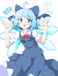 Rule 34 | 1girl, :o, absurdres, ahoge, blue bow, blue dress, blue eyes, blue hair, bow, breasts, circled 9, cirno, commentary request, do (4-rt), dress, hair bow, hands up, highres, ice, ice wings, large bow, looking at viewer, puffy short sleeves, puffy sleeves, short hair, short sleeves, simple background, small breasts, solo, touhou, v-shaped eyebrows, white background, wings