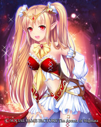 Rule 34 | 1girl, :d, blonde hair, circlet, detached sleeves, goosebumps (circle), hand on own hip, long hair, looking at viewer, midriff, navel, open mouth, pointy ears, red eyes, seikon no arcana, smile, solo, sparkle, standing, twintails, watermark, yoreri