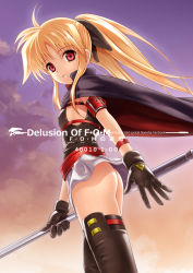 Rule 34 | 00s, 1girl, 40010prototype, ass, bardiche (nanoha), belt, blonde hair, cape, fate testarossa, fate testarossa (movie 1st form), gloves, long hair, lyrical nanoha, mahou shoujo lyrical nanoha, mahou shoujo lyrical nanoha a&#039;s, open mouth, red eyes, skirt, solo, thighhighs, twintails