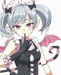 Rule 34 | 1girl, arianne the labrynth servant, black bow, black bowtie, black dress, black gloves, bow, bowtie, cross-laced clothes, demon girl, dress, duel monster, fang, finger to mouth, frilled gloves, frills, gloves, grey hair, hair bow, highres, horns, kinuge, looking at viewer, maid headdress, parted lips, pink eyes, pink wings, pointy ears, short hair, simple background, solo, twintails, upper body, white background, wings, yu-gi-oh!