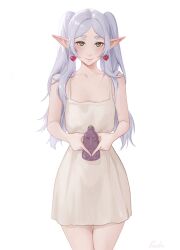 Rule 34 | 1girl, absurdres, bare shoulders, bottle, closed mouth, collarbone, dress, earrings, elf, frieren, green eyes, heart, heart earrings, highres, holding, holding bottle, jewelry, light smile, long hair, looking at viewer, pointy ears, quilm, simple background, solo, sousou no frieren, standing, twintails, white background, white dress, white hair