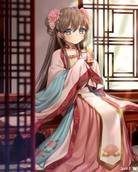 Rule 34 | 1girl, blue eyes, blush, brown hair, closed mouth, dated, expressionless, flower, hair flower, hair ornament, indoors, long hair, looking at viewer, original, oriti4, sitting, solo, very long hair