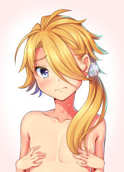 Rule 34 | 10s, 1boy, androgynous, bad id, bad pixiv id, blonde hair, blush, collarbone, covering chest, covering privates, frown, hair over one eye, highres, male focus, nude, nukoko (akumagansyakudairi), ponytail, shishiou (touken ranbu), solo, touken ranbu, upper body, wavy mouth