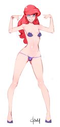 Rule 34 | 1girl, ariel (disney), bikini, blue eyes, colored skin, disney, doxy, humanization, long legs, me!me!me!, navel, parody, red hair, simple background, sketch, solo, swimsuit, the little mermaid