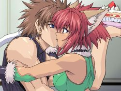 Rule 34 | 1boy, 1girl, animal ears, bare shoulders, blue eyes, blush, brave soul, brown hair, cake, cat ears, earrings, elbow gloves, eye contact, food, game cg, gloves, hetero, jewelry, kiss, looking at another, marin (brave soul), mogudan, pastry, red hair, rudy, rudy (brave soul), short hair
