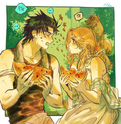 Rule 34 | 1boy, 1girl, absurdres, aerith gainsborough, alternate costume, anger vein, angry, black hair, black tank top, blush, brown hair, closed eyes, commentary request, crisis core final fantasy vii, dress, final fantasy, final fantasy vii, foliage, food, fruit, green background, grey pants, hair ribbon, hands up, hat, highres, holding, holding food, holding watermelon, korean commentary, korean text, long hair, looking at another, nul, open mouth, outdoors, pants, parted bangs, pole, ponytail, red ribbon, ribbon, shawl, shirt, short hair, sidelocks, signature, sleeveless, spiked hair, spitting, spoken anger vein, summer, sun hat, sweatdrop, tank top, towel, towel around neck, translation request, upper body, watermelon, watermelon seeds, watermelon slice, wavy hair, wet, wet clothes, wet dress, wet shirt, white dress, zack fair