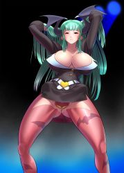 Rule 34 | 1girl, absurdres, anus, bat wings, breasts, capcom, cleavage, cosine, green hair, highres, huge breasts, long hair, miniskirt, morrigan aensland, office lady, open clothes, open for all, open shirt, pantyhose, pussy, red eyes, shirt, skirt, smile, solo, spread pussy, uncensored, vampire (game), wings