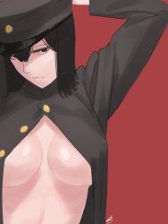 Rule 34 | 10s, 1girl, akitsu maru (kancolle), amino (tn7135), bad id, bad pixiv id, black hair, breasts, cleavage, hat, kantai collection, medium breasts, military, military uniform, open clothes, peaked cap, remodel (kantai collection), short hair, solo, uniform