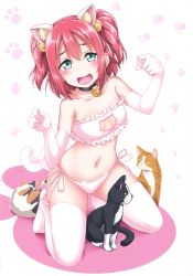 Rule 34 | 1girl, :d, absurdres, animal ears, black choker, blush, bra, cat, cat ears, cat lingerie, cat tail, choker, elbow gloves, fangs, gloves, hands up, highres, kneeling, kurosawa ruby, looking at viewer, love live!, love live! sunshine!!, meme attire, open mouth, panties, paw pose, pink gloves, red hair, scan, side-tie panties, smile, solo, tail, thighhighs, twintails, underwear, white thighhighs, yopparai oni